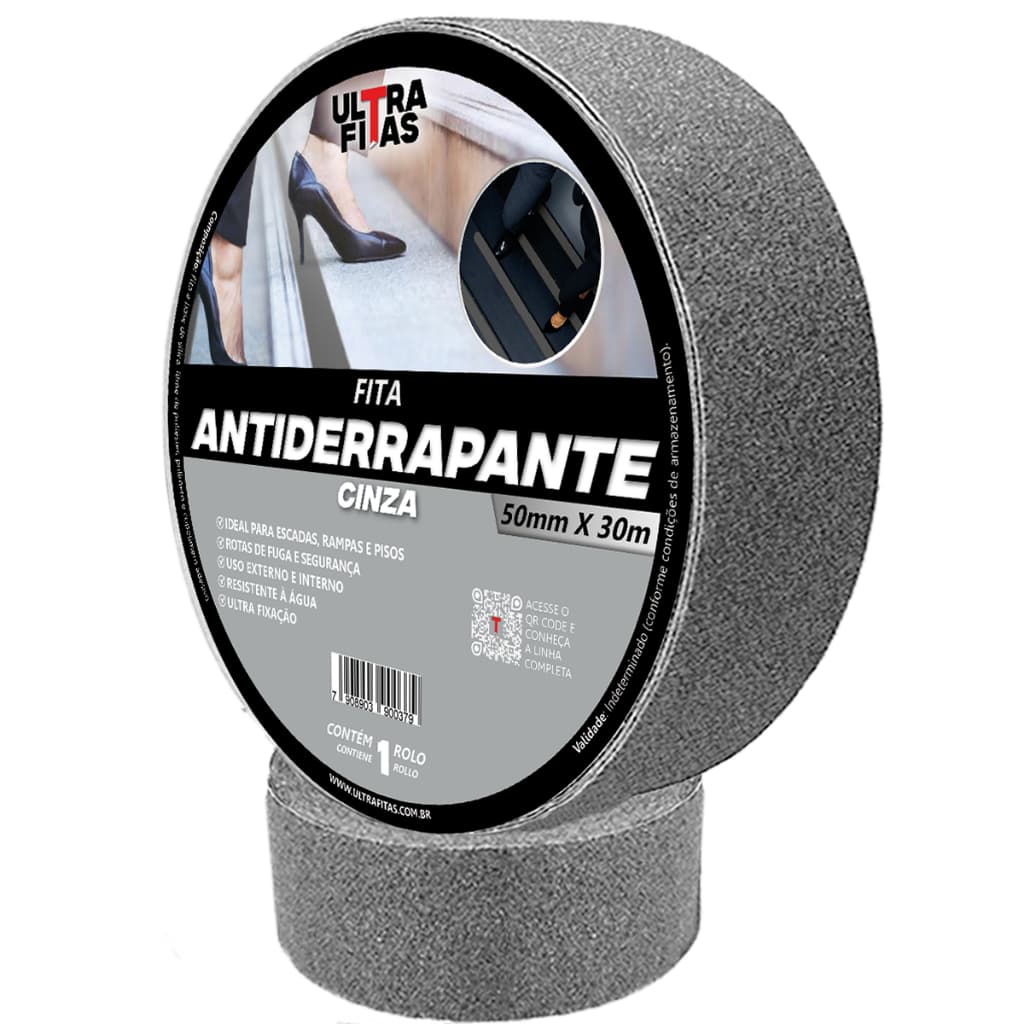 Fita Antiderrapante 50 mm X 30 Metros - Cinza Faixa Escadas Anti Quedas Resistente Adesiva Cola Lixa