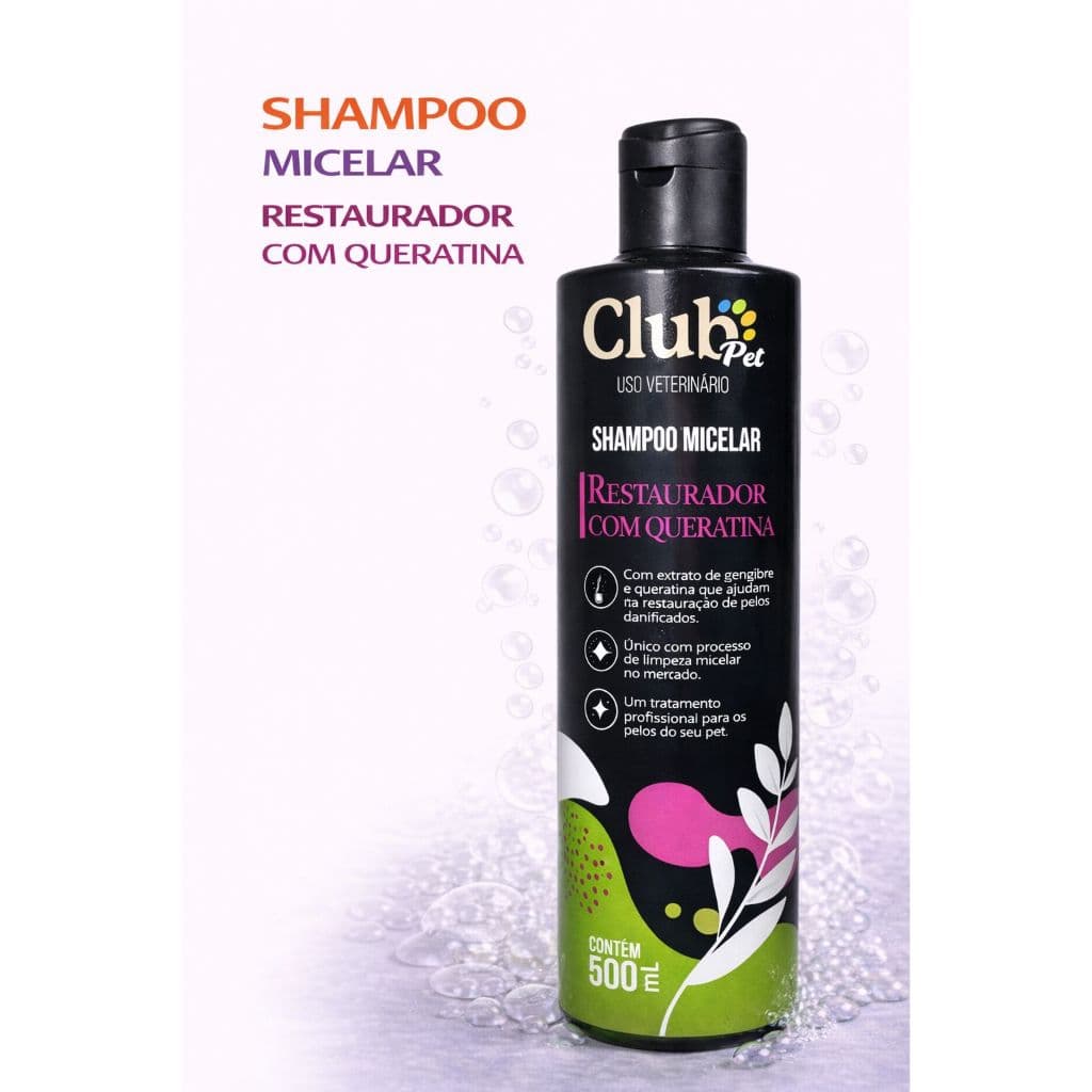 Shampoo Micelar Restaurador com Queratina Pet Cães e Gatos Pelos Danificados 500ml Club Pet