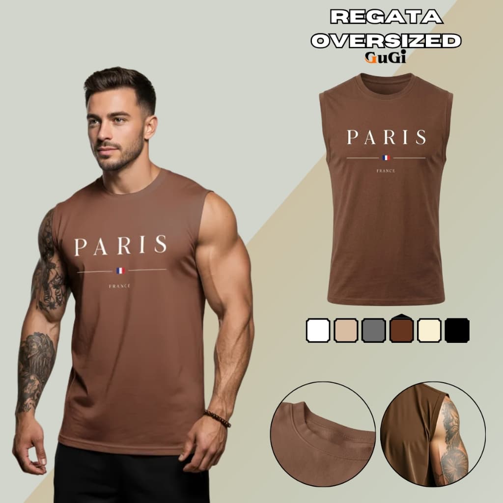 Regata Masculina Machão Muscle 100% Algodão Premium Estampa Paris GuGi Camiseta Cavada Confortável