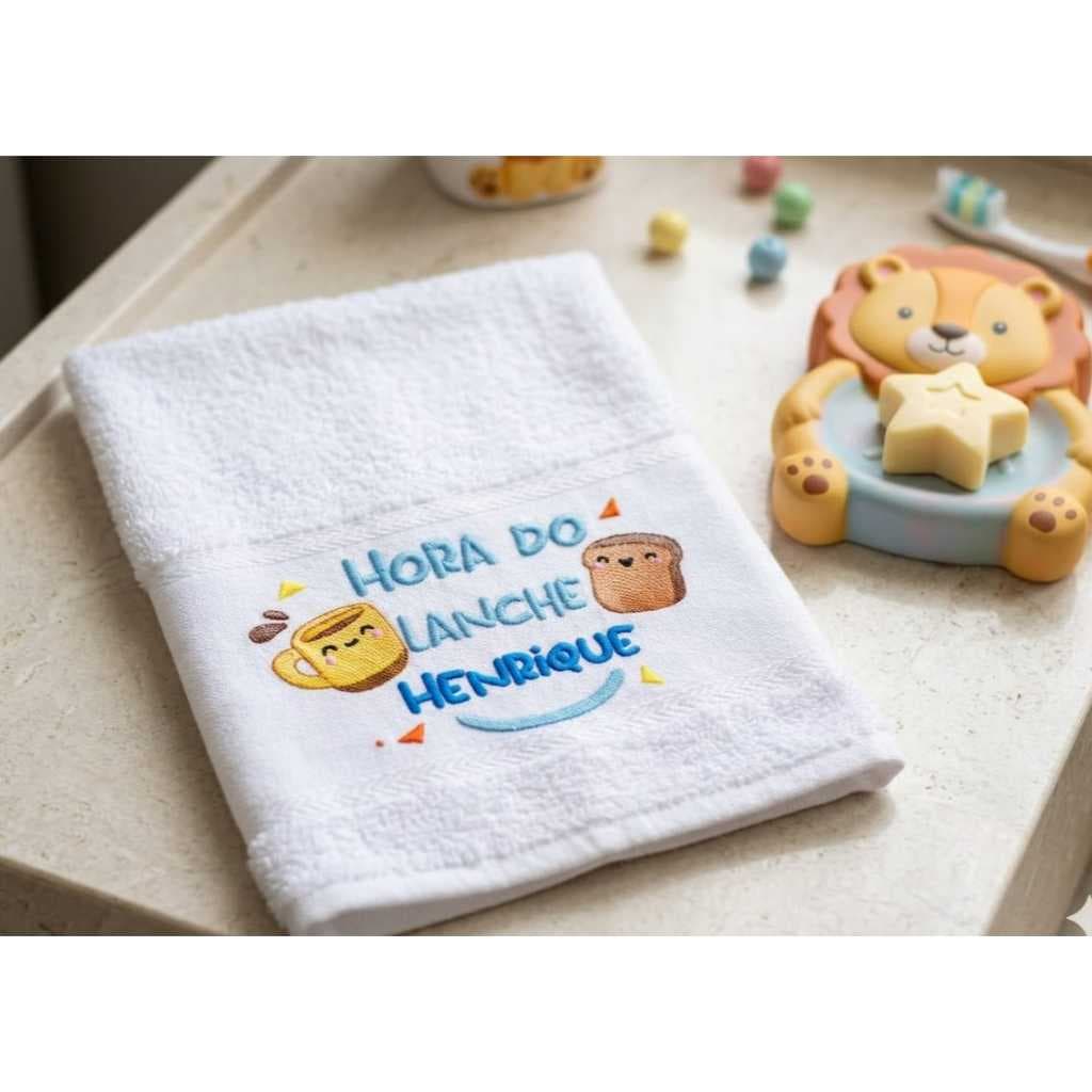 Toalha de mão bordada para lancheira escolar Hora do Lanche Pão e Café com nome personalizado