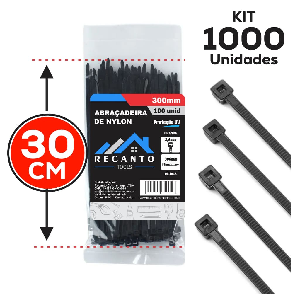 Kit 1000 Abraçadeira de Nylon 30 cm Cintas Plásticas Enforca Gato Braçadeira - Preta | Branca