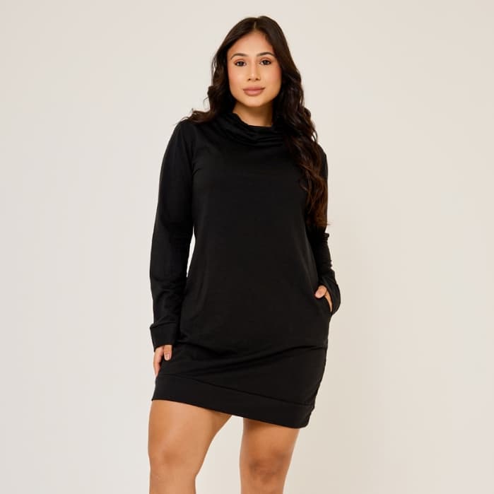 Vestido Feminino Moletinho Manga Longa Gola Alta Drapeada Com Bolsos Casual Confortável Inverno