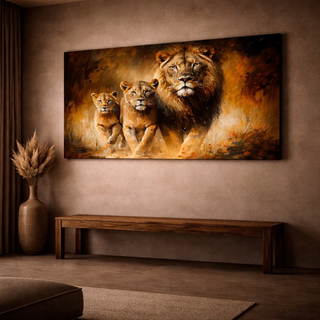 Quadro Decorativo Leão Rei e Sua Família na SavanaNatureza Selvagem Horizontal 110x70 Moderno Luxo