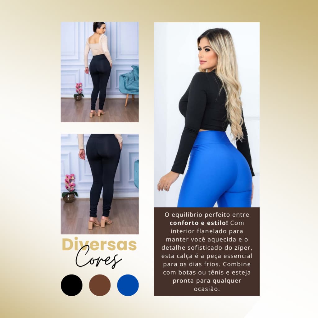 Calça Feminina Legging Flanelada Com Zíper Inverno Térmica Cintura Alta