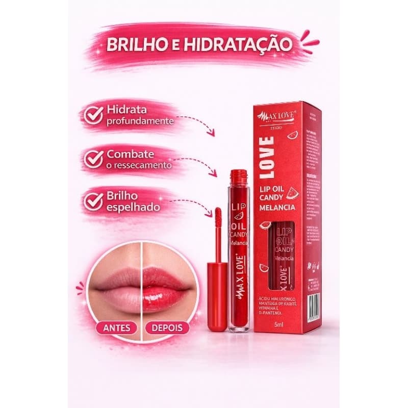 Gloss Labial Textura Confortável Candy Max Love – Hidratante – Brilho Espelhado – Aroma de Frutas – Lip Oil