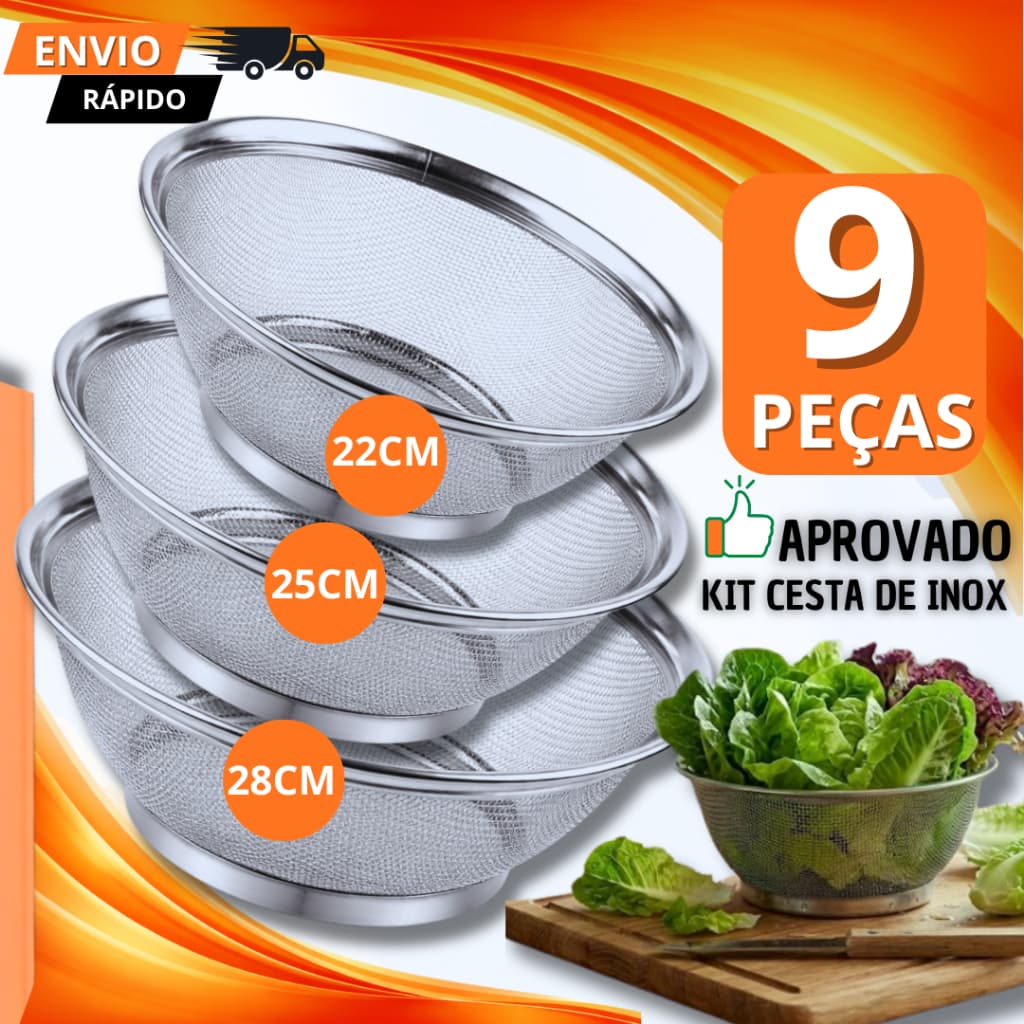 Conjunto 9/6/3 Cesta Para Frutas 22cm 25cm 28cm Escorredor De Macarrão Alimentos Em Aço Inox
