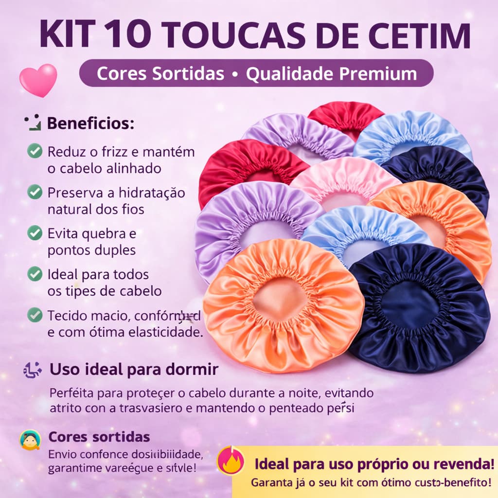 Kit com 10 Toucas Cetim - Anti-frizz