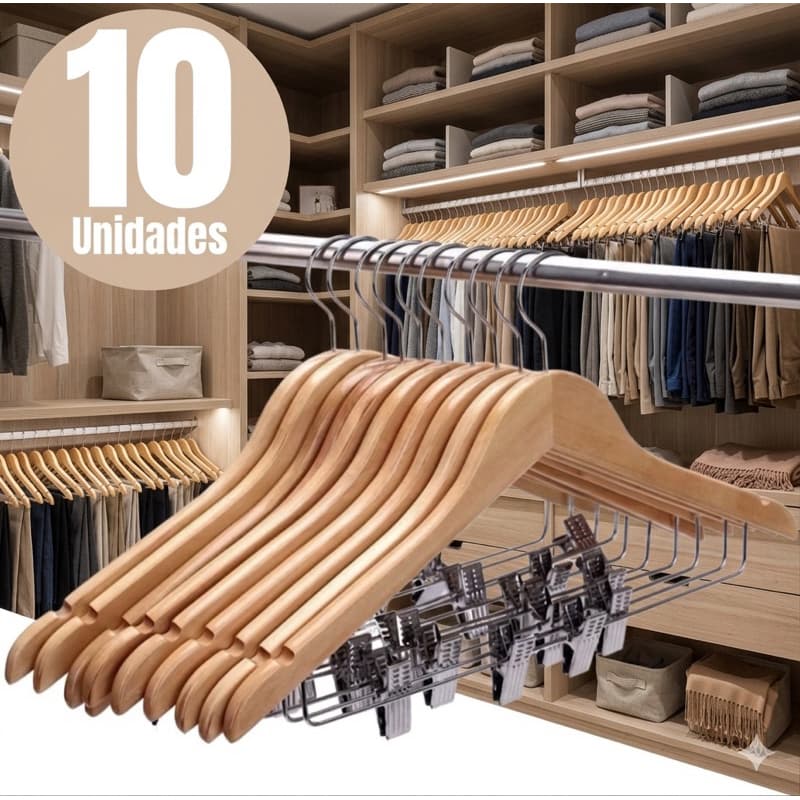 Kit 10 Cabides Madeira Verniz Com Presilhas Luxo Roupa Calça Camisa Vestido Armário