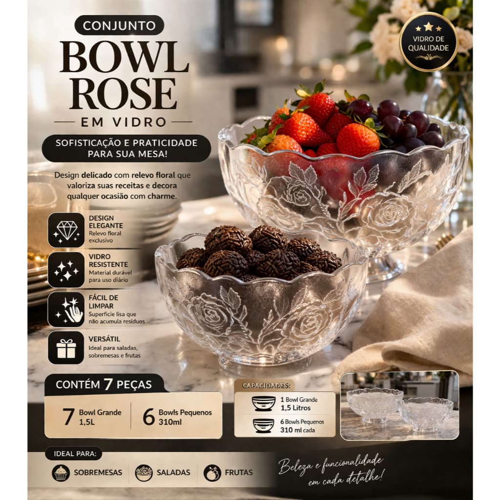 Conjunto Bowl de Vidro 7 Peças Rose 1,5L + 6 Bowls 310ml Sobremesa Salada Frutas Elegante