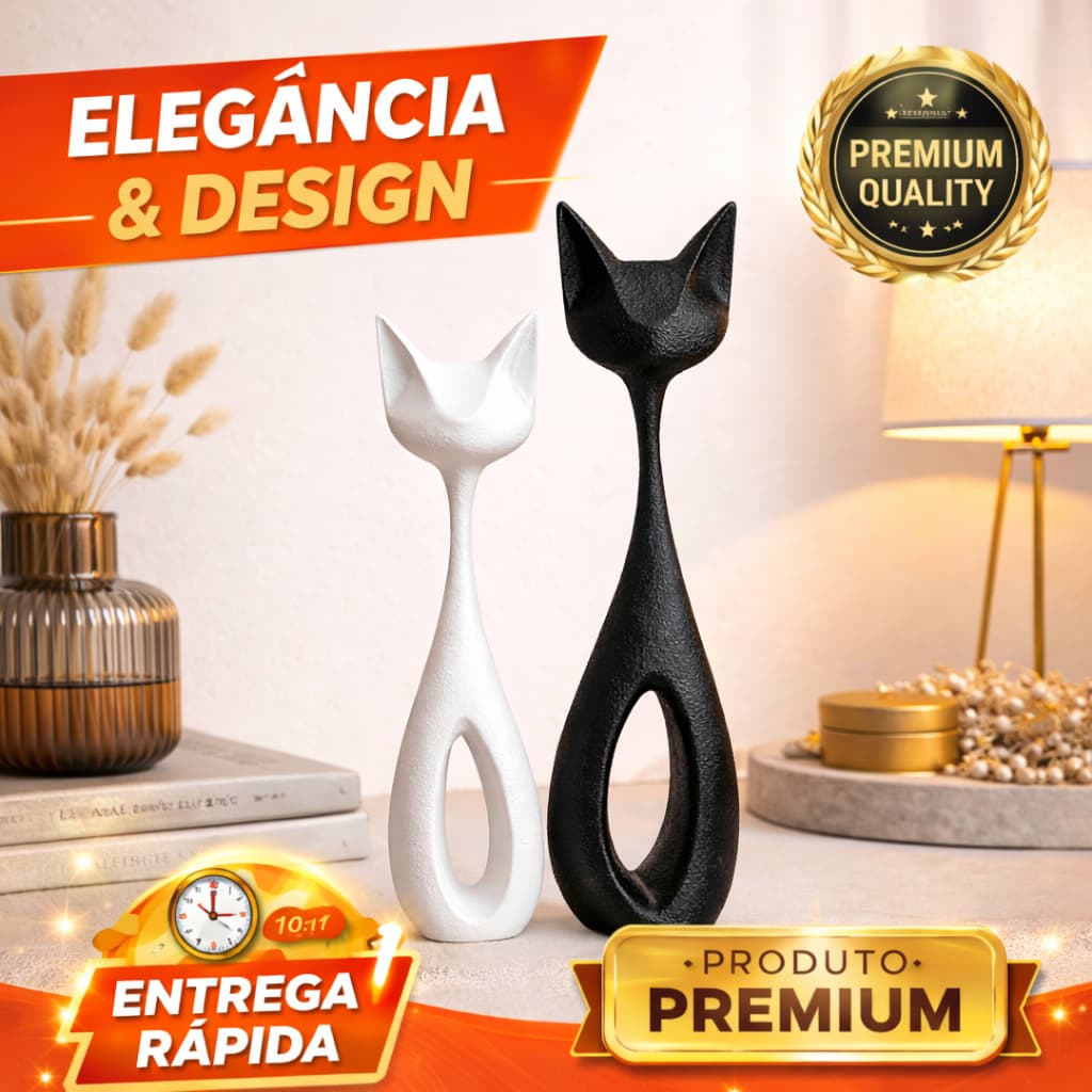 Kit 2 Gatos Decorativos Luxo Minimalista Preto Branco Elegante Decoração