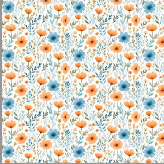 Tecido Tricoline Floral ramos azul e laranja  50cm x 1,50m - 100% algodão