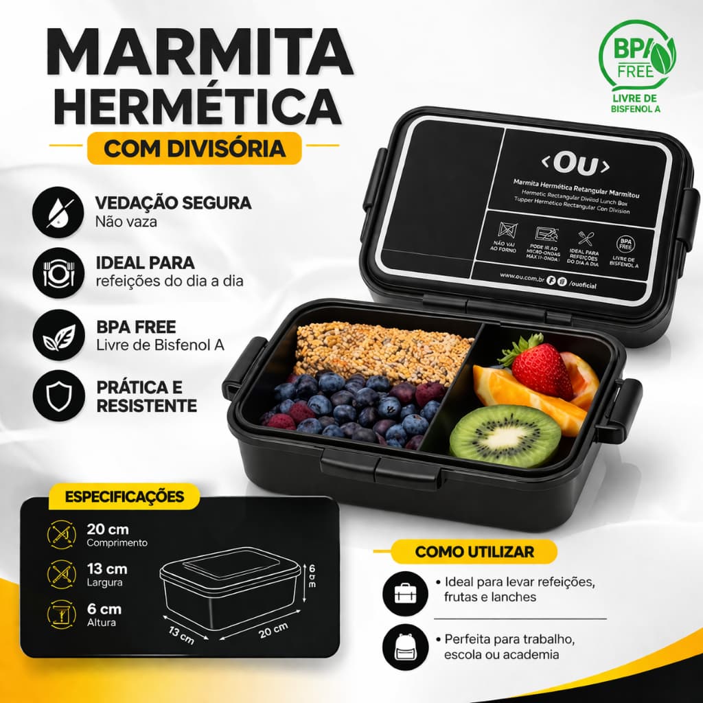Marmita Hermética Retangular Marmitou Livre BPA Micro-ondas Lava Louças Prática Disponível Preto Azul  ou Rosa
