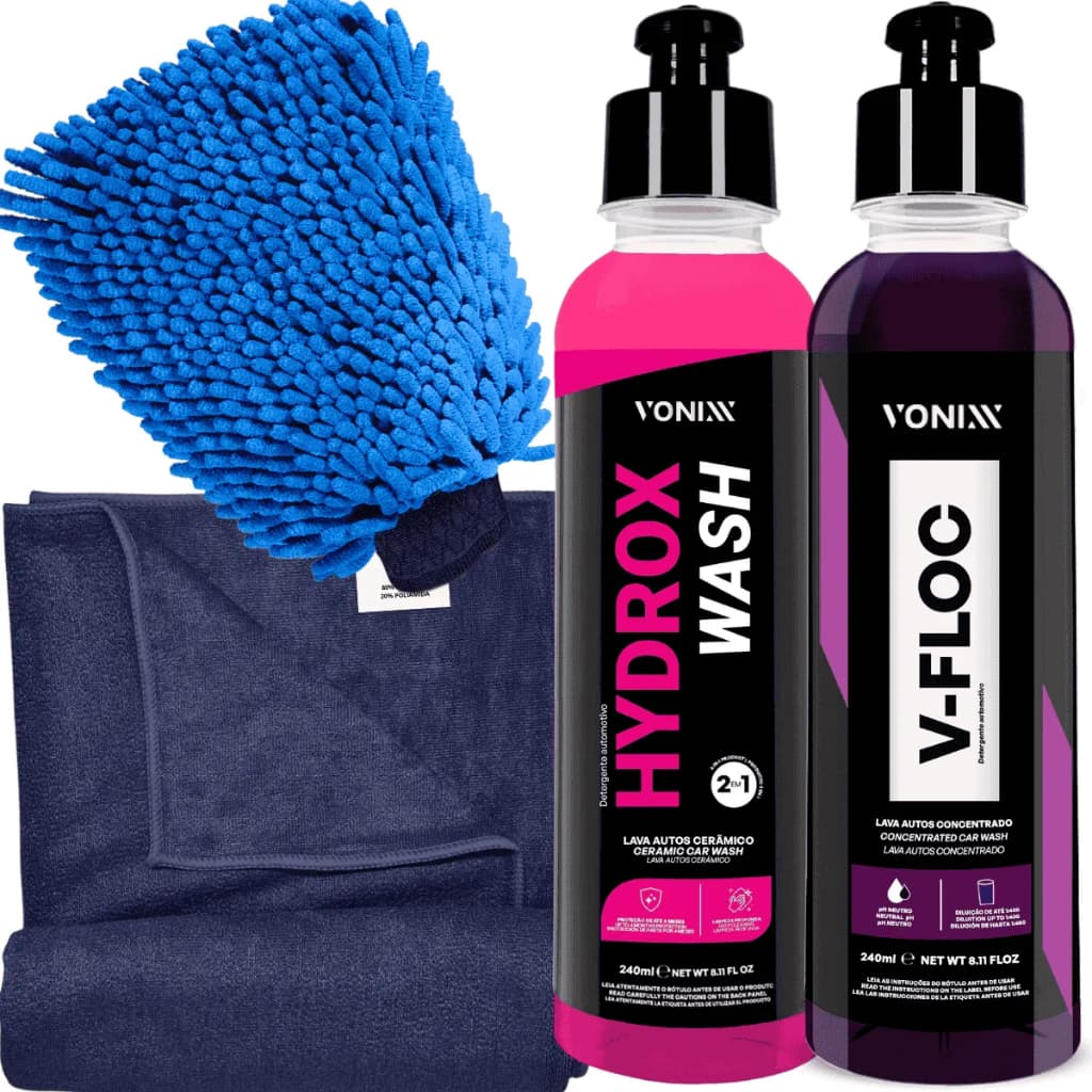 Kit Lava Protege Hydrox Wash Vonixx V-floc Shampoo Lava Autos Hidrorreativo 240ml com Luva e Toalha Microfibra