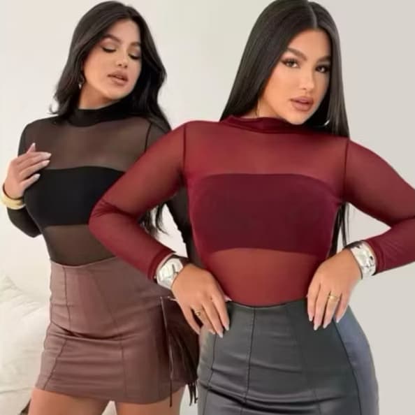 Body Tule Feminino Transparente Manga Langa Moda Blogueira