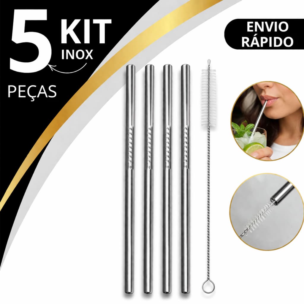 5 Peças Canudo Inox Reutilizável Ecológico Sustentável Com Escova Limpeza Inox