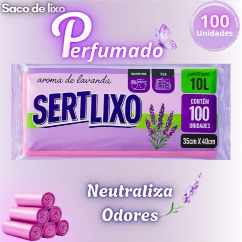 Saco de Lixo Perfumado Pia e Banheiro 100 un, 10 Litros, 35x40cm, Lavanda, Neutraliza Odores