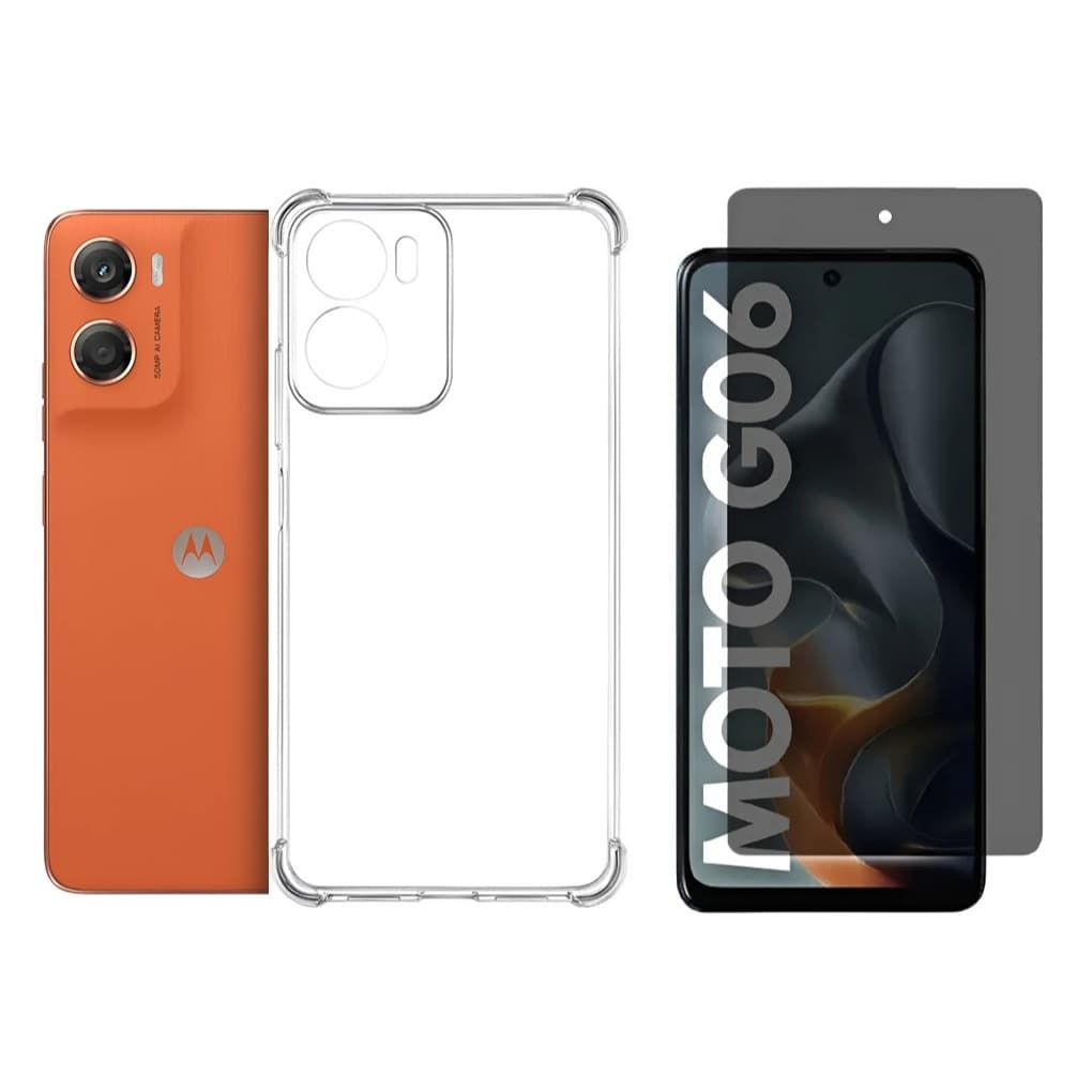 Capa Capinha Anti Impacto + Película Privacidade Vidro 3D para Motorola Moto G06
