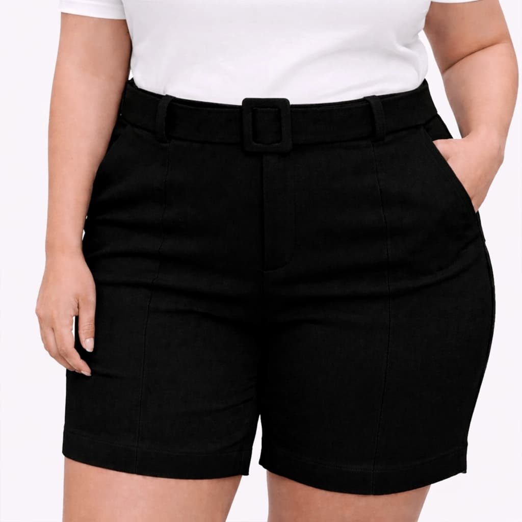 Shorts Bermuda Feminino Bengaline Cintura Alta 42 ao 52 Plus Size Social Com Cinto Fivela Premium