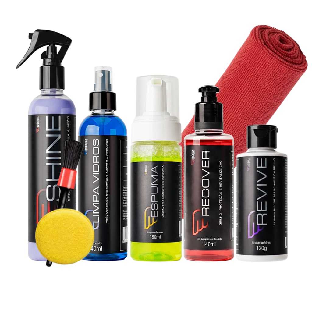 HOUSE OF MOTORS KIT LIMPEZA COMPLETA COM SHINE RECOVER REVIVE ESPUMA LIMPA VIDROS DETAILING