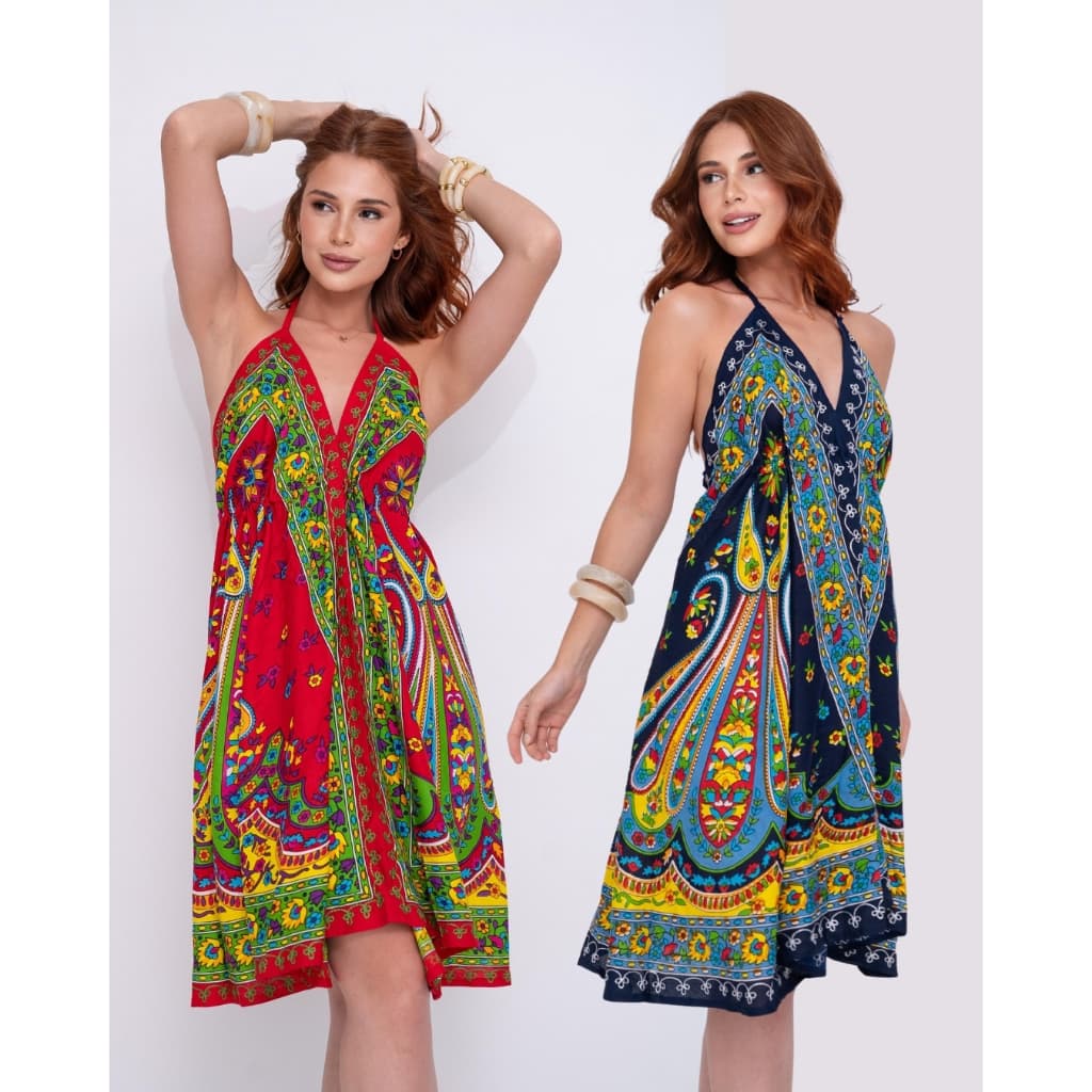 Kit Vestido Indiano Boho Estampado Colorido Curto Estilo Saída de Praia Feminino Fresco Costas Nua Com Amarração