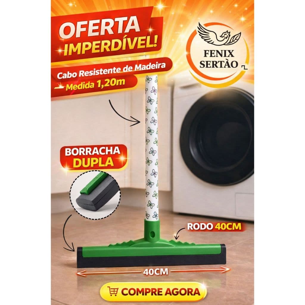 Rodo 40cm com Cabo 1,20m | Borracha Dupla | Limpeza Rápida e Sem Esforço