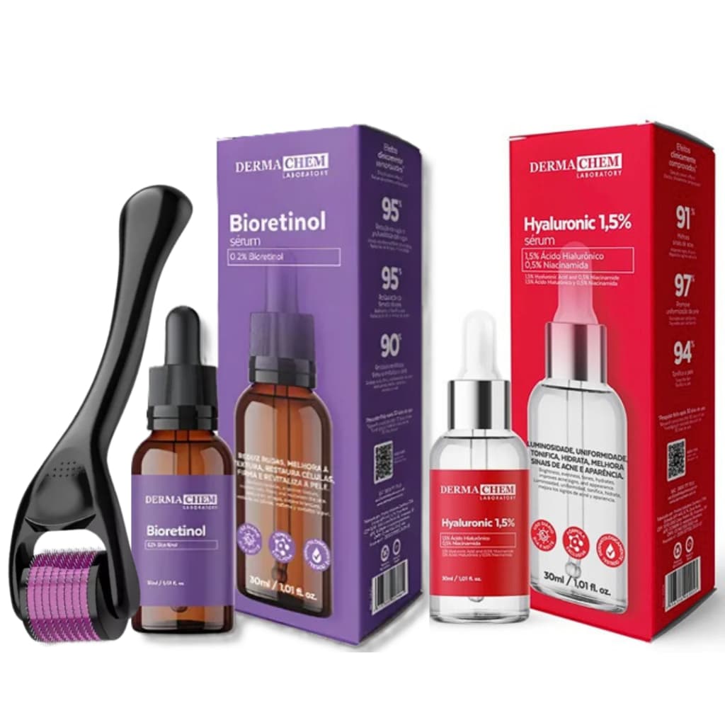 Kit 3 Passos Dermaroller + Bio Retinol + Ácido Hialurônico Rejuvenescimento Anti Rugas Manchas Rotina Noturna