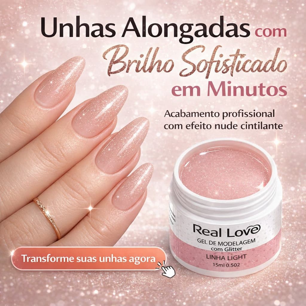 Gel de Alongamento com Glitter Nude 15G Real Love UV LED para Unhas Fibra Linha Light