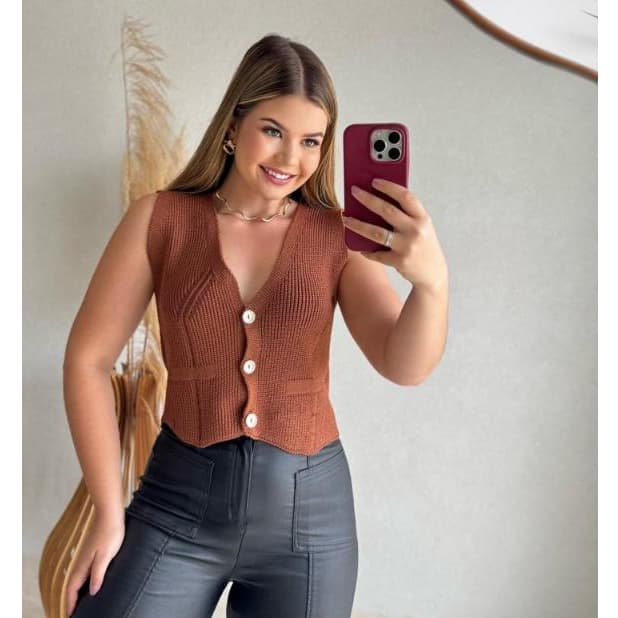 Colete De Botão Modal Tricot Feminino Lançamento Moda Fang Decote V Blusa