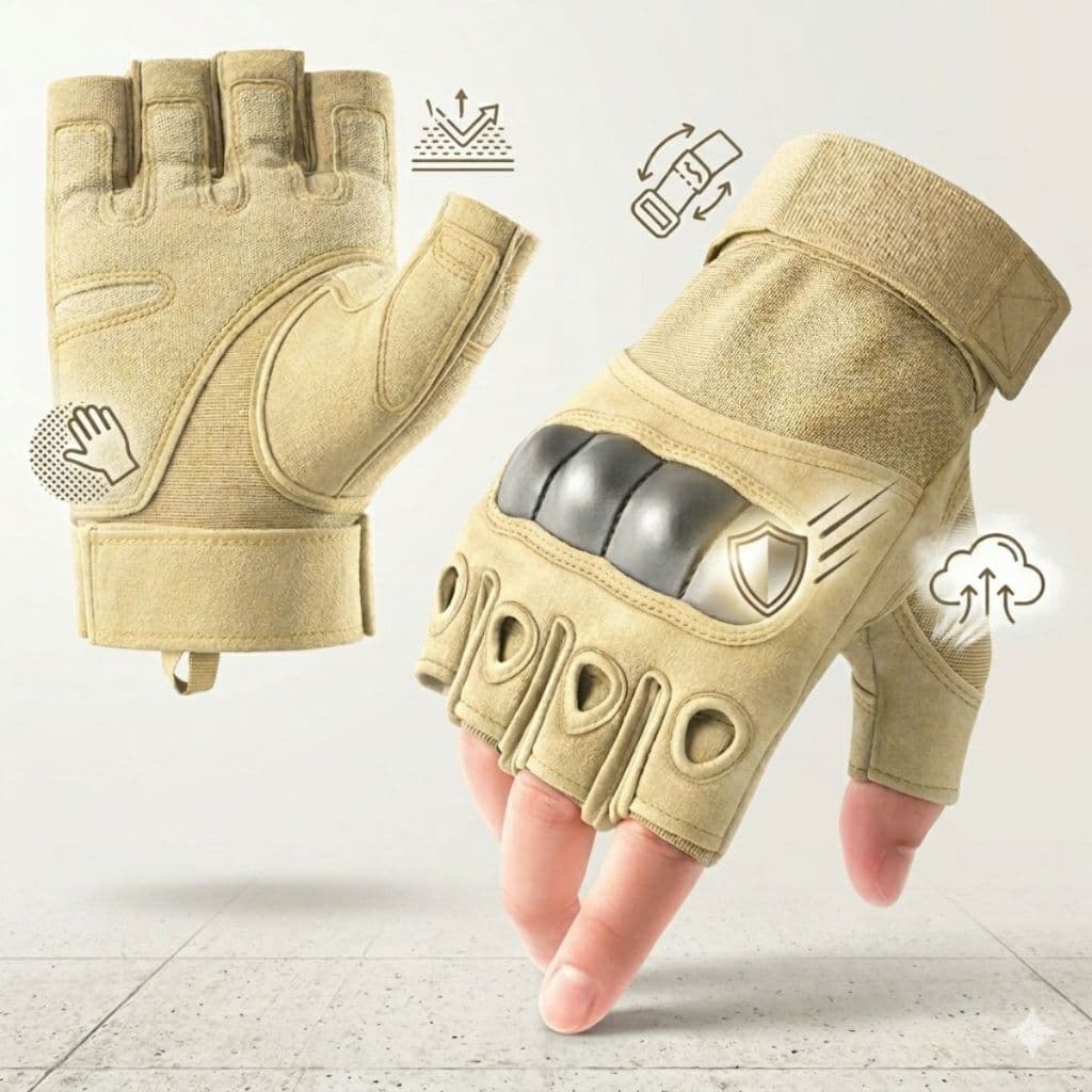 Luva Tática Meio Dedo Militar Bege Para Moto Bike Ciclismo Airsoft Antiderrapante Resistente