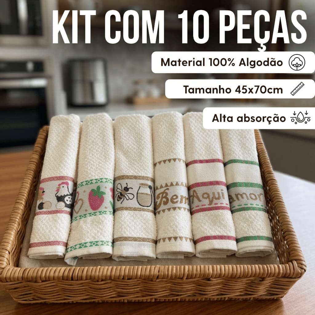 KIT 10 Panos de Prato Copa de Alta Absorção 100% Algodão Premium para Sua Cozinha Atoalhado