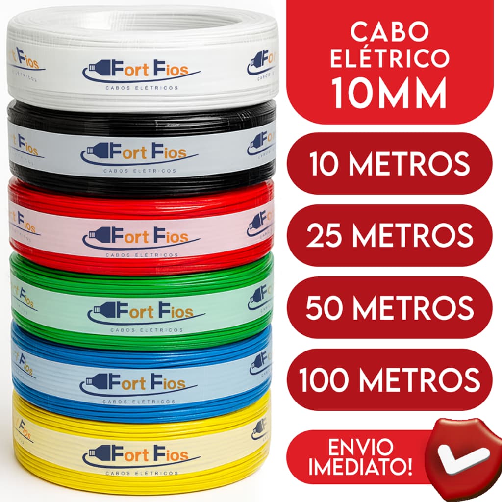 Fio Elétrico 10mm Cabo Flexível Rolo Com 10 25 50 e 100 Metros Anti-chamas 750v