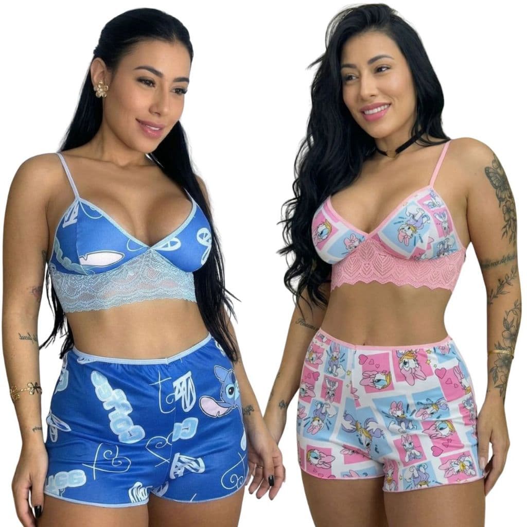 Kit 2 Conjuntos Pijama  Baby Doll Estampado Feminino Short Cropped Confortável Verão Dormir