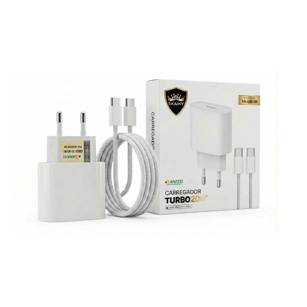 Fonte Carregador Turbo 20W + Cabo Carregamento Rápido 1m Tipo-C USB-C