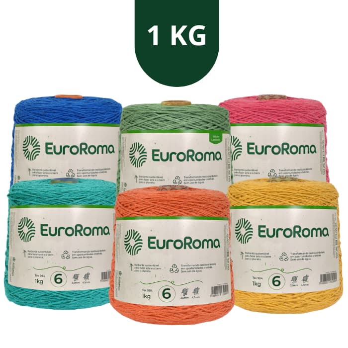 Linha Barbante Euroroma 1kg Fio 6 Fio para Tricô -  Várias Cores+ vendidas