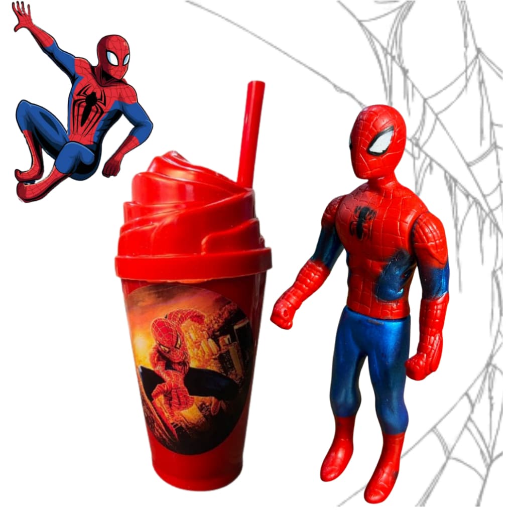 Copo Com Canudo E Boneco Do Homem Aranha Escolar Vingadores