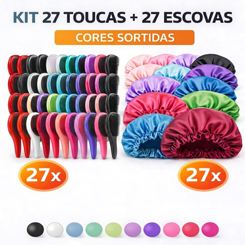 Kit 27 Toucas de Cetim + 27 Escovas Desembaraçadoras | Antifrizz