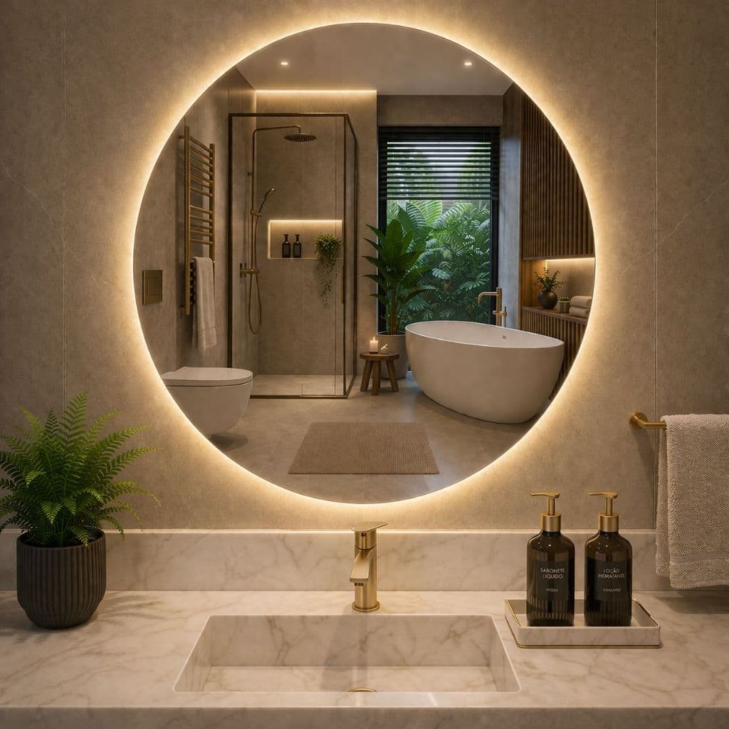 Espelho Redondo Lapidado 40X40cm Com LED Fonte Slim12V Decoração Para Maquiagem, Banheiro, Escritório, Quarto, Sala