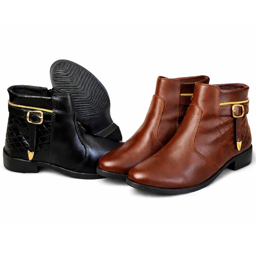 Bota Coturno Feminina Cano Curto Medio Confortável Salto Baixo e Detalhes Dourados Botinha Montaria Com Ziper Da Moda