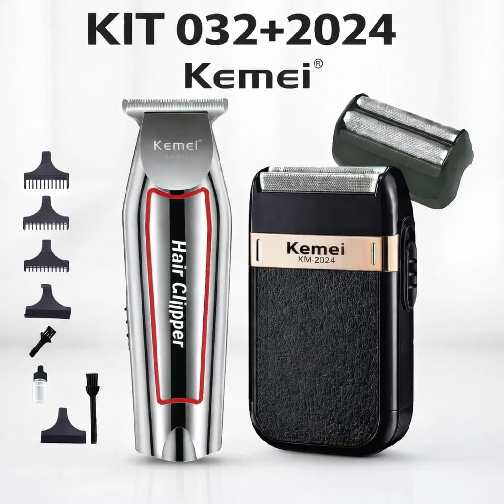 Kit 2 Maquina Acabamento Profissional Kemei KM032 Barbeador Eletrico KM2024 Sem Fio Bivolt