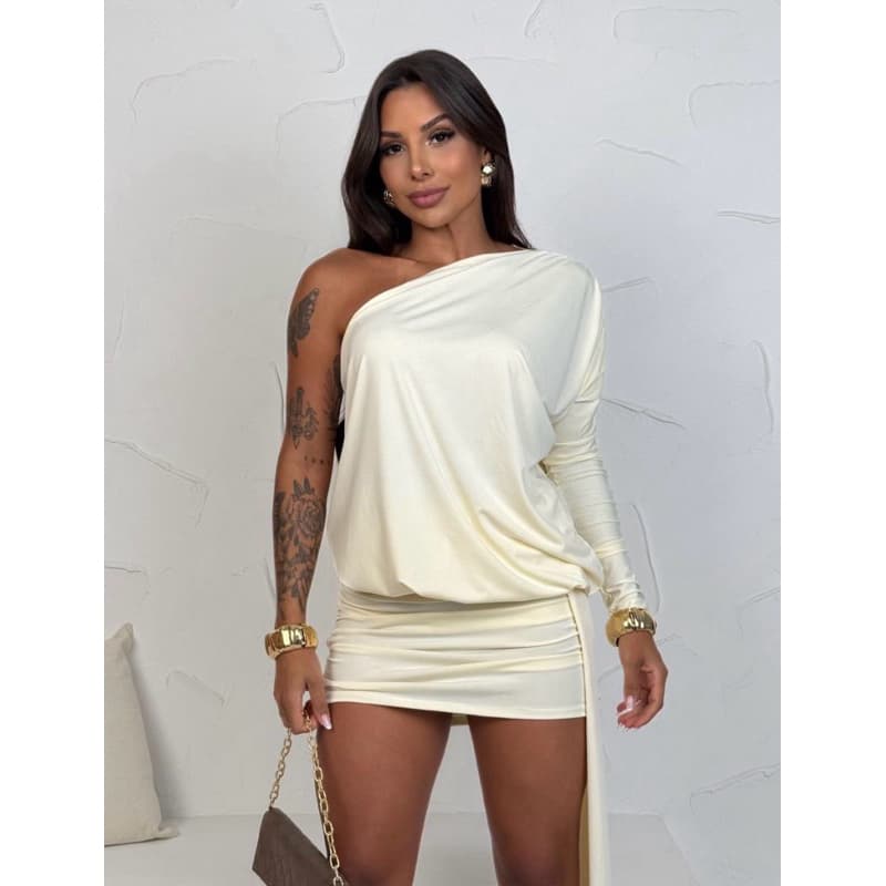 Vestido Curto Feminino Um Ombro Só Manga Longa Com Cauda Lateral Tendência Blogueira Balada Festa