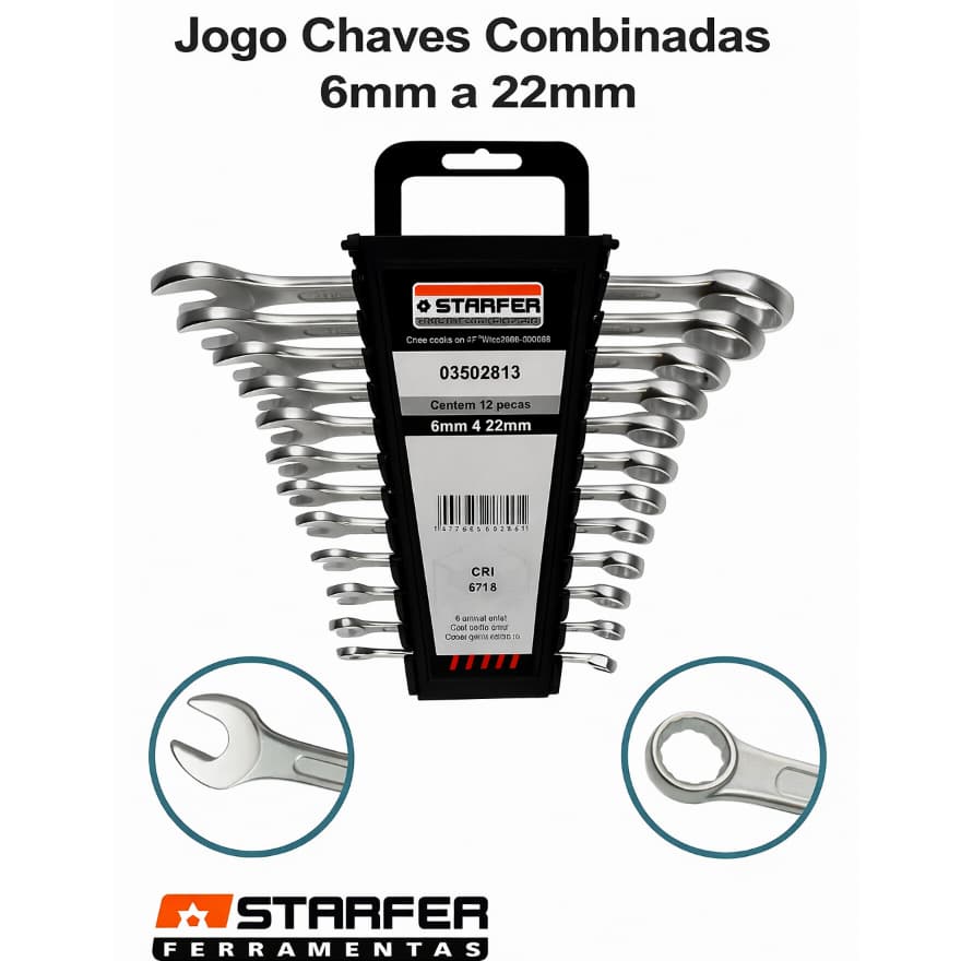 Kit Jogo De Chave Combinada 6a22mm 12pçs Starfer Aço Cromado Resistent pro