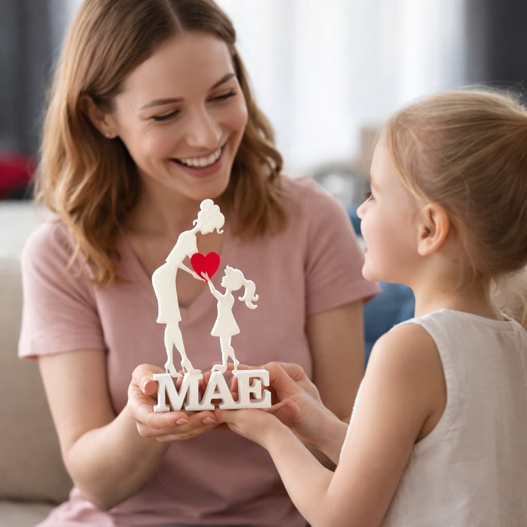 Escultura Mãe e Filha com Coração ❤️ Presente Dia das Mães | Decoração Emocional com Base “MÃE”
