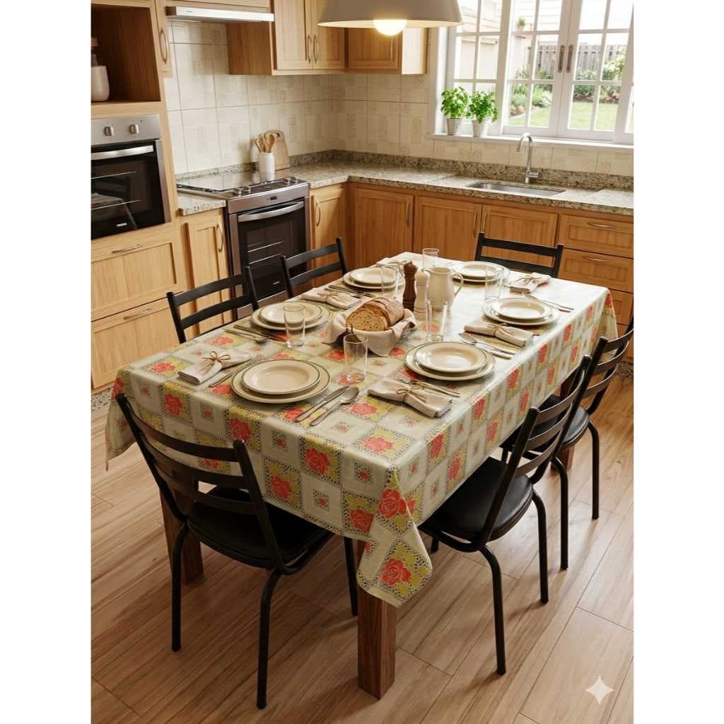 Toalha de Mesa Impermeável PVC Cristal Estampada 4 6 8 Lugares Lavável Proteção Mesa
