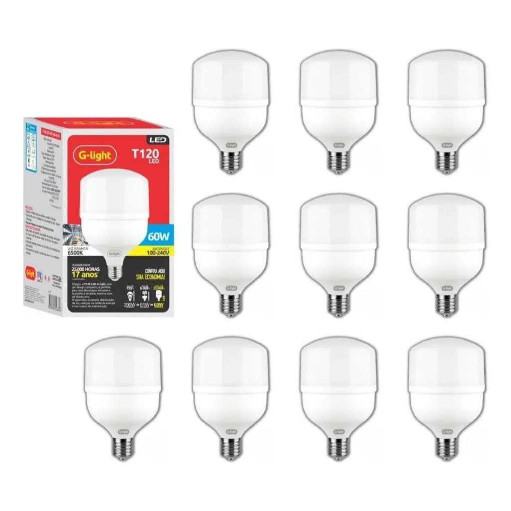 Kit 10 Lâmpadas LED 60W E27 Branco Frio 6500K G-light Alta Potência