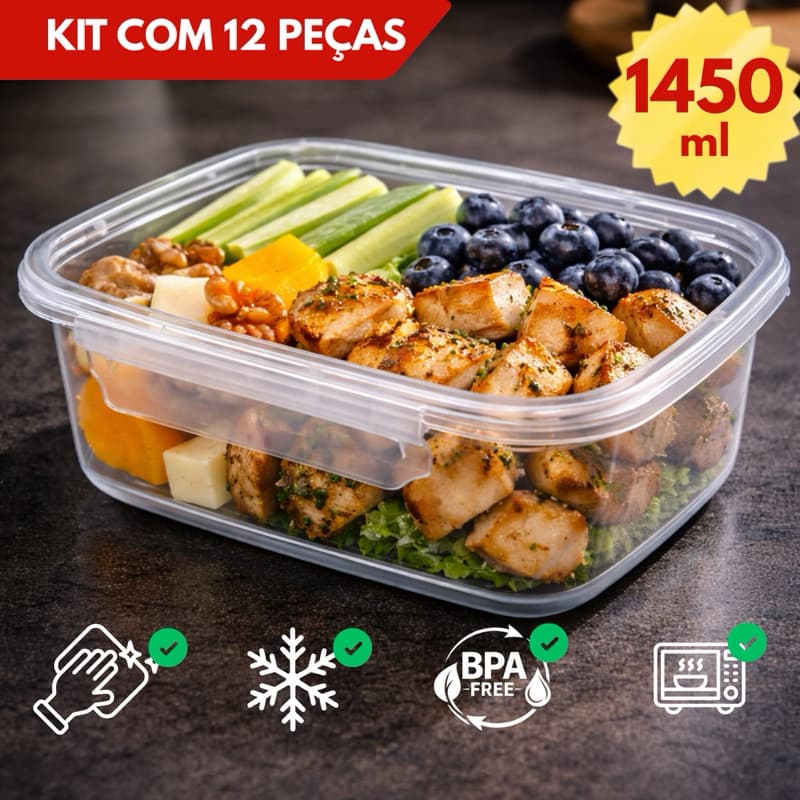 Kit Marmita Fitness 1450ml com Trava Grande Freezer e Micro-ondas BPA Free Organizar Alimentos