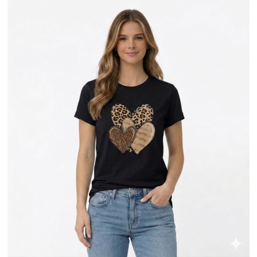 T-Shirt Feminina Camiseta Algodão Premium Estampa Coração Animal Print Leopardo Blusa Casual Confortável Tendência Moda