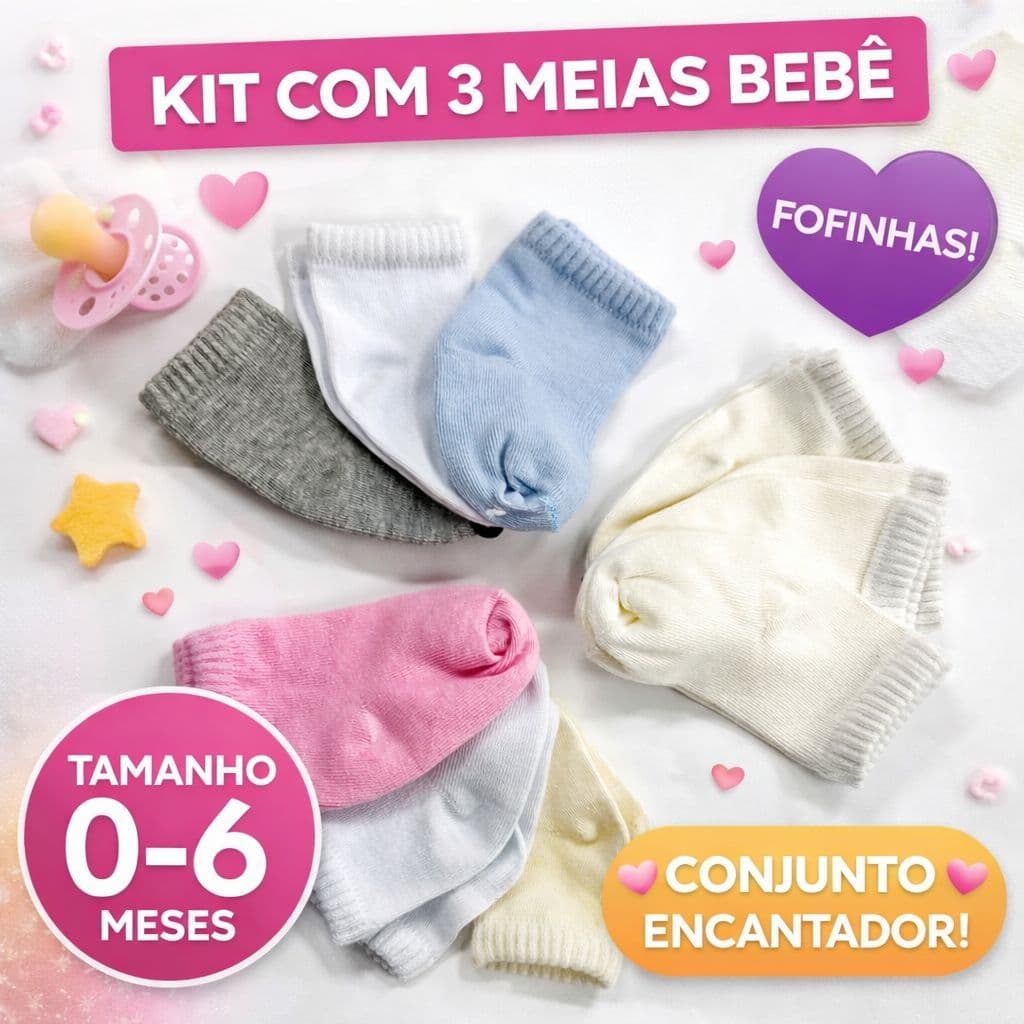 Meias Bebê Cano Baixo - Macias, Confortáveis, Não Apertam - Kit com 3 pares, cores sortidas -  K76-K3