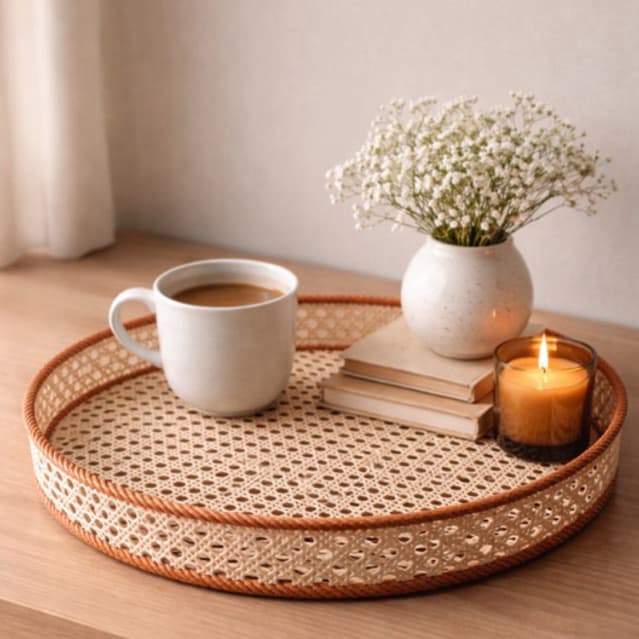 Bandeja Decoração Redonda Rattan Natural – Estilo Boho Elegante | Organizador Multiuso Premium