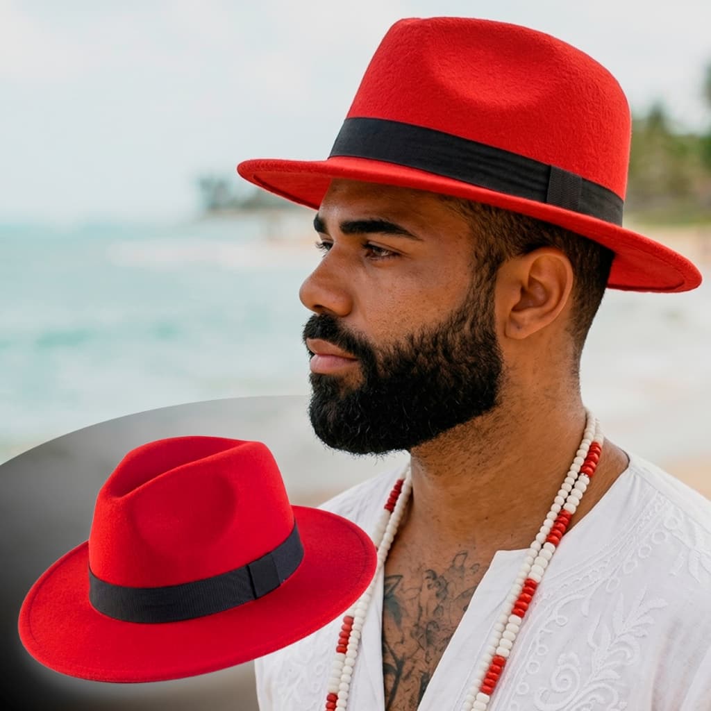 Chapéu Vermelho com Faixa Preta Fedora Panamá Umbanda Exu Fé Axé Terreiros Giras Com Regulagem