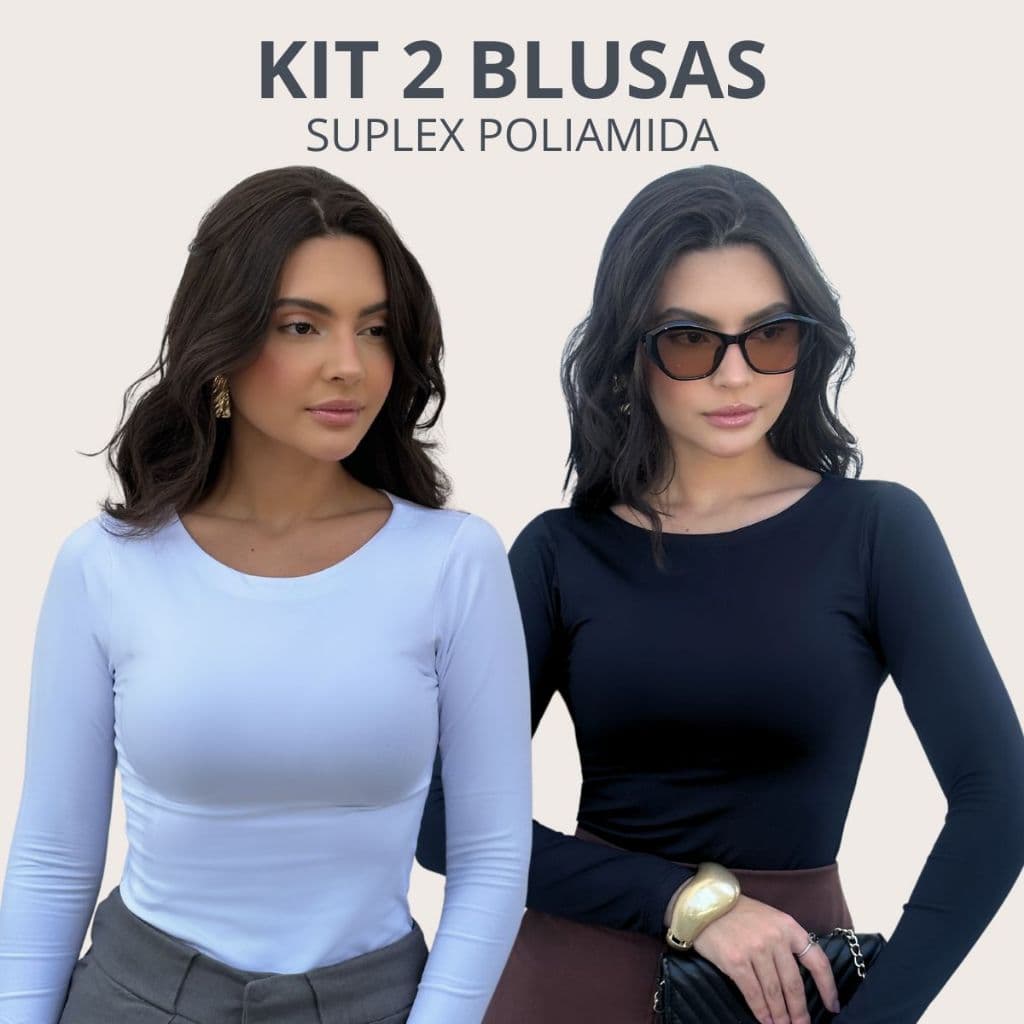 Kit 2 Blusa Feminina Manga Longa Básica Frio Gola Redonda Noite Casual